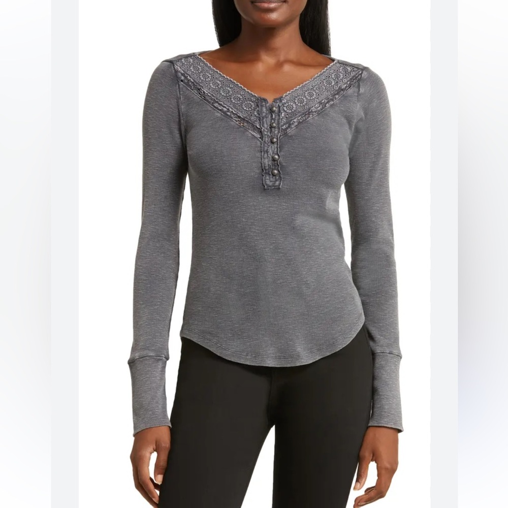 Lucky Brand Lace Detail Cotton Rib Henley Top Size XS